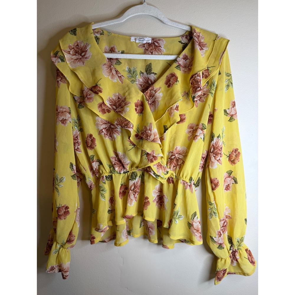 LIFE Love Is For Eternity Yellow Floral Ruffle Peplum Blouse Medium Chiffon Top